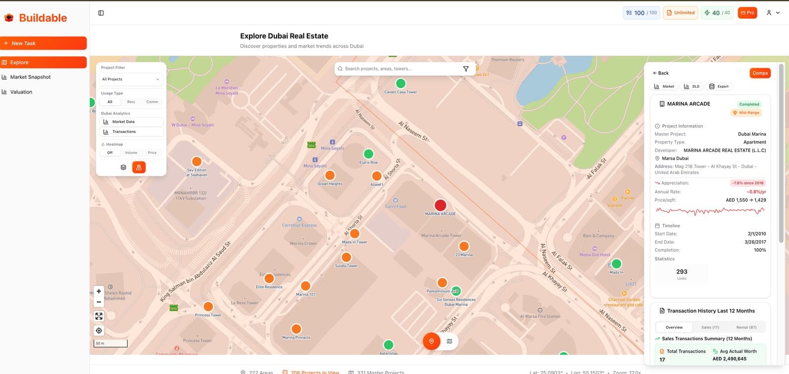 Buildable Explore — Dubai real estate map with project analytics